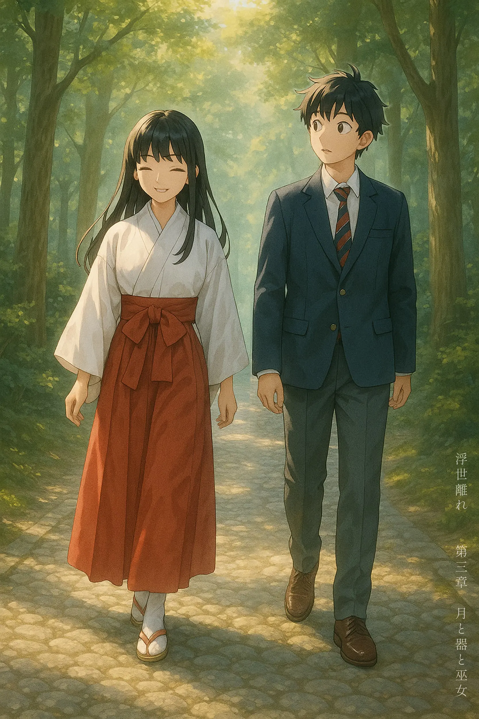 戸田光祐 作品集 デザイン アート｜KOHSUKE TODA PORTFOLIO Design Artwork｜青春ものづくり小説 浮世離れ: 僕が職人になった理由 Kindle版｜月賀瑞神社（つきがみじんじゃ）の参道を歩く月賀瑞みやこと水上新太