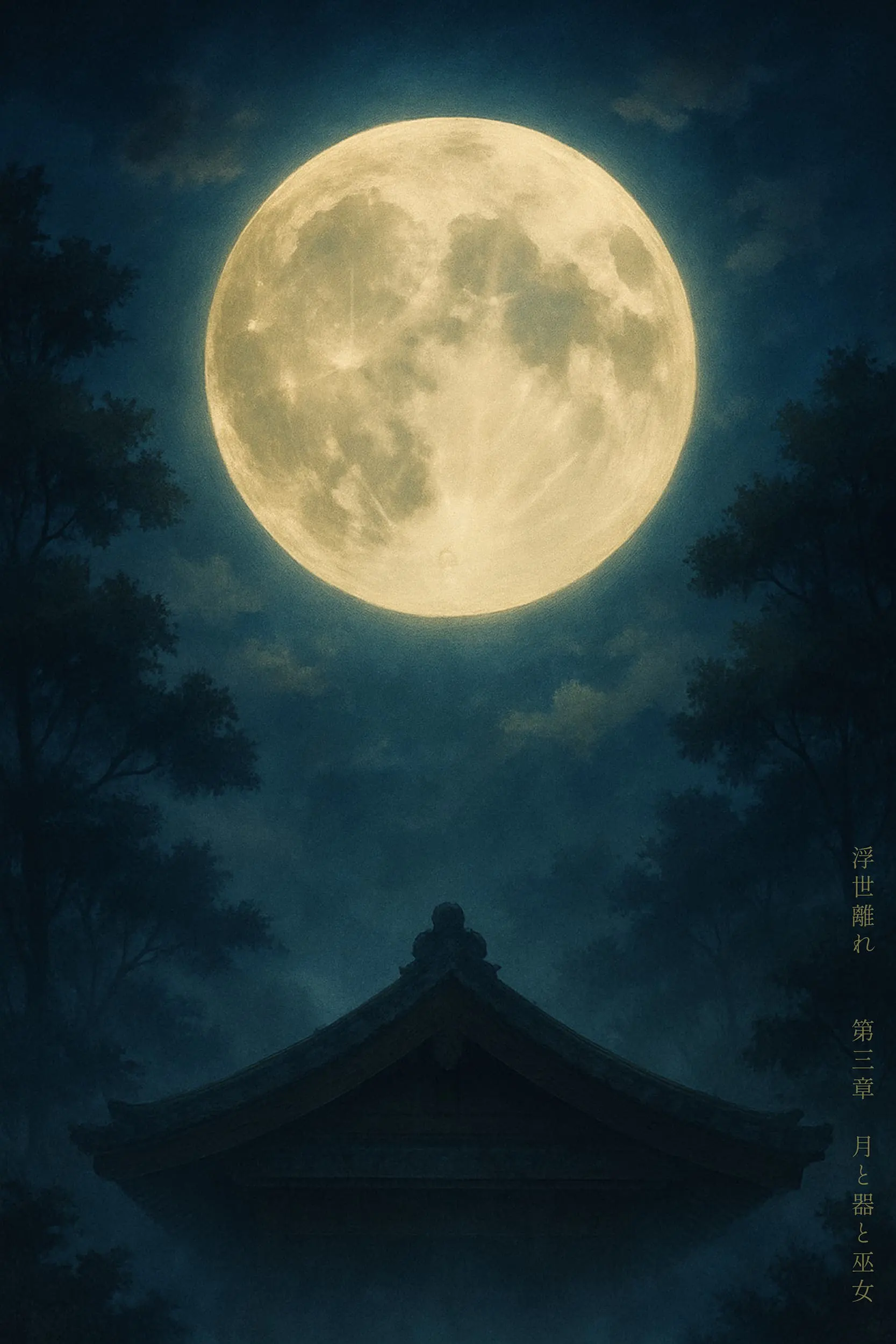 戸田光祐 作品集 デザイン アート｜KOHSUKE TODA PORTFOLIO Design Artwork｜青春ものづくり小説 浮世離れ: 僕が職人になった理由 Kindle版｜幽玄な雰囲気の月と神社の境内 月賀瑞神社（つきがみじんじゃ）