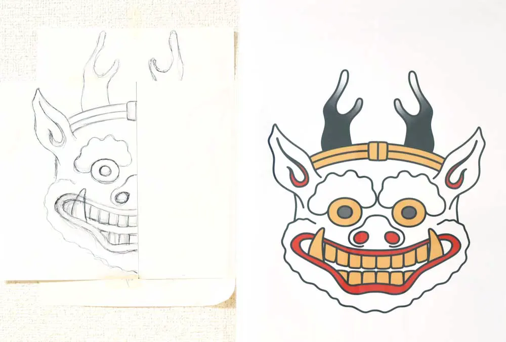 戸田光祐 作品集 デザイン アート｜KOHSUKE TODA PORTFOLIO Design Artwork｜神々の八幡神楽用の雷神面制作（手作りお面）・装束制作縫製